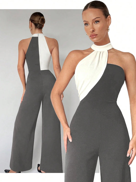 Maija Women's Color Block Asymmetrical Halter Jumpsuit