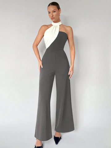 Maija Women's Color Block Asymmetrical Halter Jumpsuit