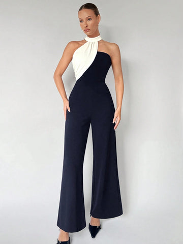 Maija Women's Color Block Asymmetrical Halter Jumpsuit