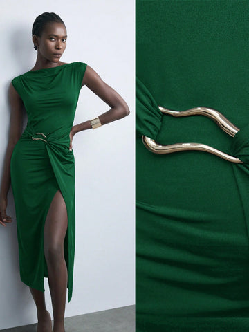 Women's Asymmetrical Design Metal Decor Versatile Modern Urban Casual Fashion Dress