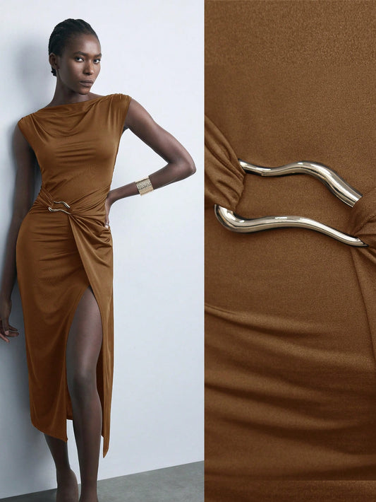 Women's Asymmetrical Design Metal Decor Versatile Modern Urban Casual Fashion Dress