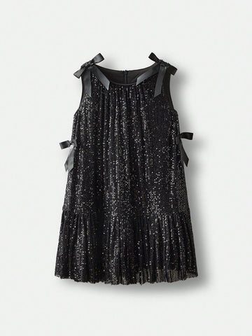 Young Girl Loose Casual Bow & Sequin Decor Cami Dress
