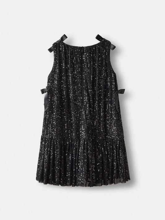 Young Girl Loose Casual Bow & Sequin Decor Cami Dress