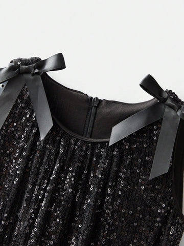 Young Girl Loose Casual Bow & Sequin Decor Cami Dress