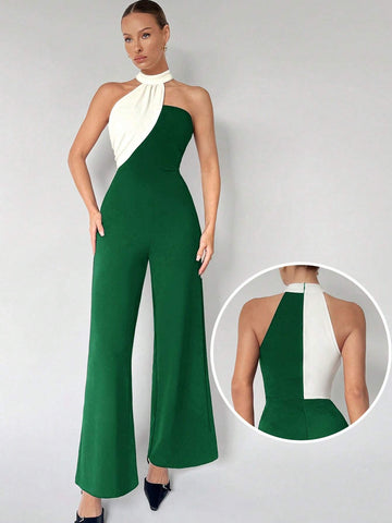 Maija Women's Color Block Asymmetrical Halter Jumpsuit