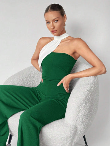 Maija Women's Color Block Asymmetrical Halter Jumpsuit