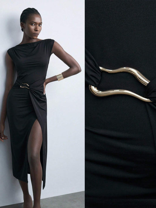 Women's Asymmetrical Design Metal Decor Versatile Modern Urban Casual Fashion Dress