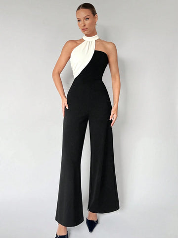Maija Women's Color Block Asymmetrical Halter Jumpsuit