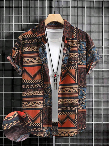 RSRT Men Geo Print Short Sleeve Button Up Colorful Boho Graphic Shirt