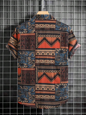 RSRT Men Geo Print Short Sleeve Button Up Colorful Boho Graphic Shirt