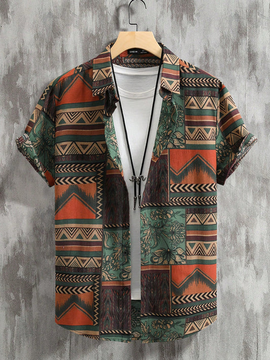 RSRT Men Geo Print Short Sleeve Button Up Colorful Boho Graphic Shirt