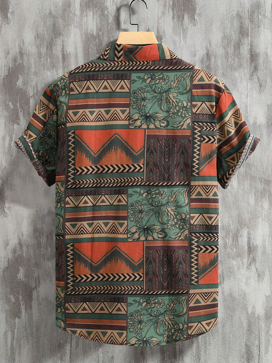RSRT Men Geo Print Short Sleeve Button Up Colorful Boho Graphic Shirt