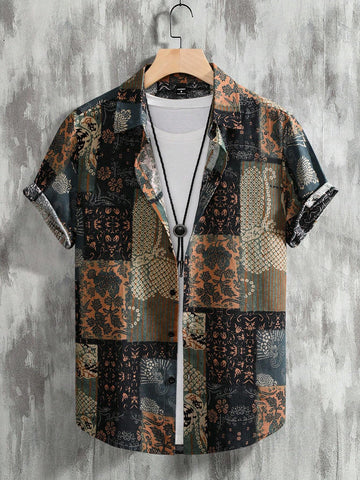 RSRT Men Geo Print Short Sleeve Button Up Colorful Boho Graphic Shirt