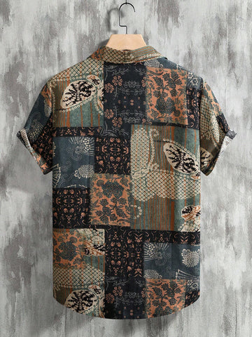 RSRT Men Geo Print Short Sleeve Button Up Colorful Boho Graphic Shirt
