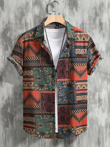 RSRT Men Geo Print Short Sleeve Button Up Colorful Boho Graphic Shirt