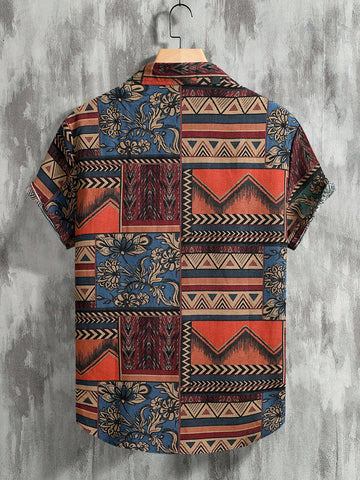 RSRT Men Geo Print Short Sleeve Button Up Colorful Boho Graphic Shirt