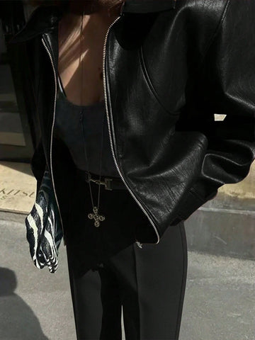 Casual Chic Lapel Zipper Wine Red Leather Jacket