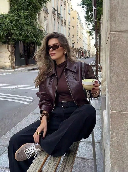 Casual Chic Lapel Zipper Wine Red Leather Jacket
