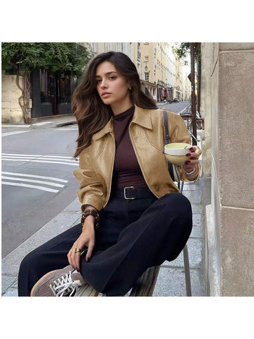 Casual Chic Lapel Zipper Wine Red Leather Jacket