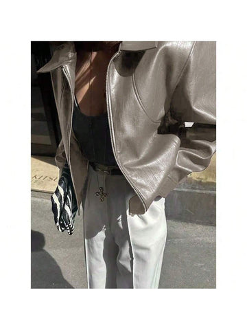 Casual Chic Lapel Zipper Wine Red Leather Jacket