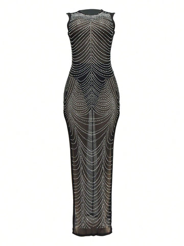 Mesh Hot Diamond Sleeveless Long Dress