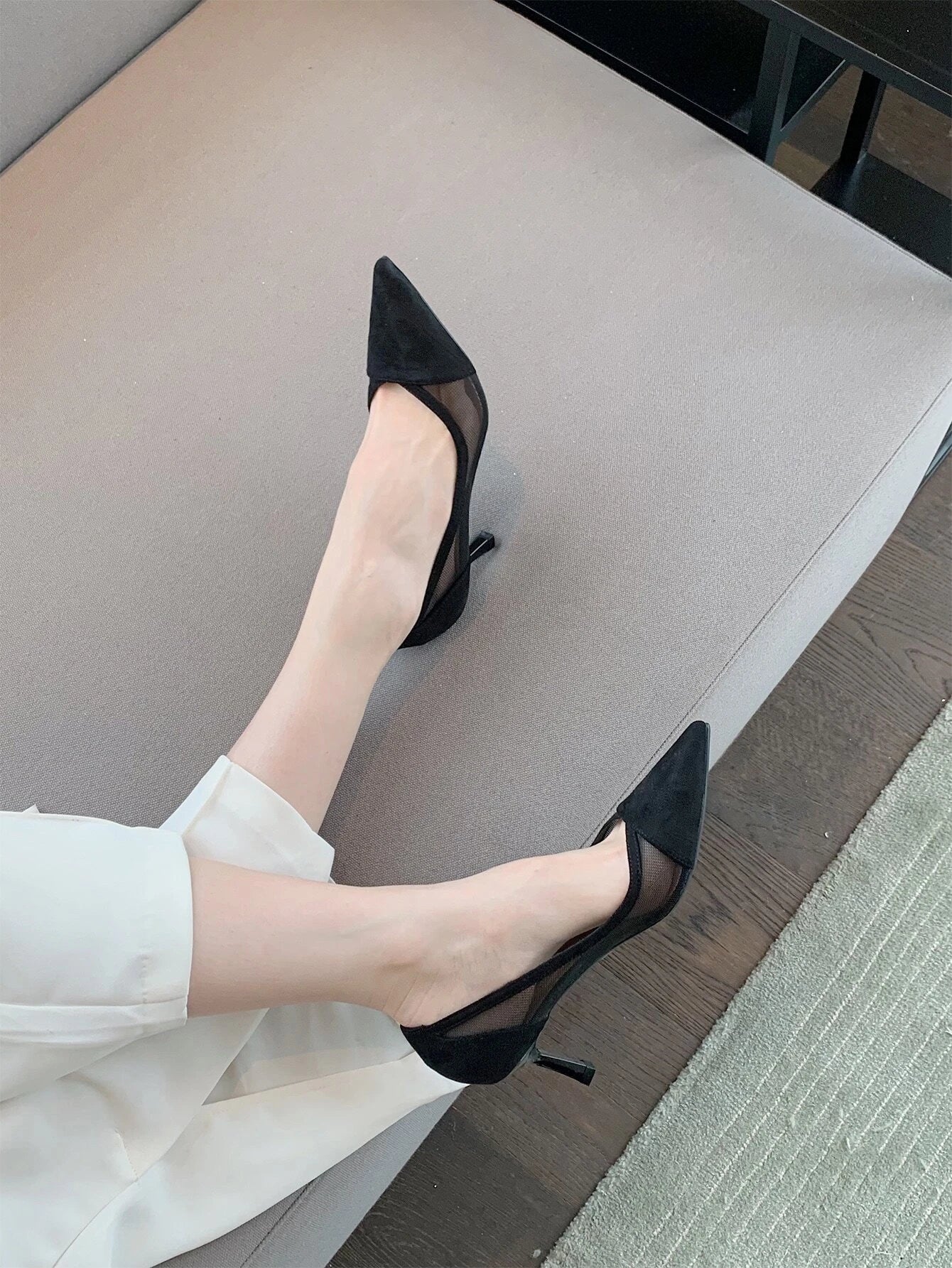 Mesh Insert Point Toe Stiletto Heeled Court Pumps