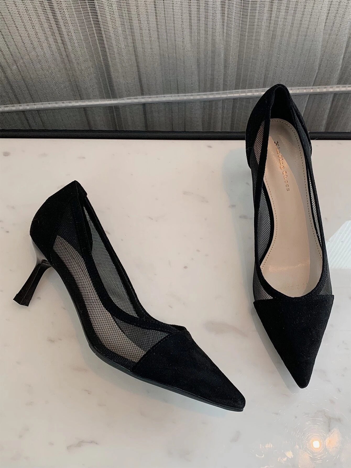 Mesh Insert Point Toe Stiletto Heeled Court Pumps