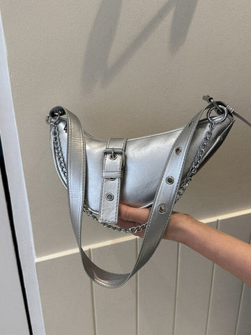 Metallic Buckle & Chain Decor Saddle Bag