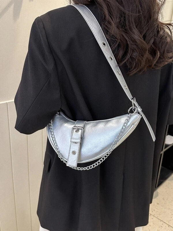 Metallic Buckle & Chain Decor Saddle Bag