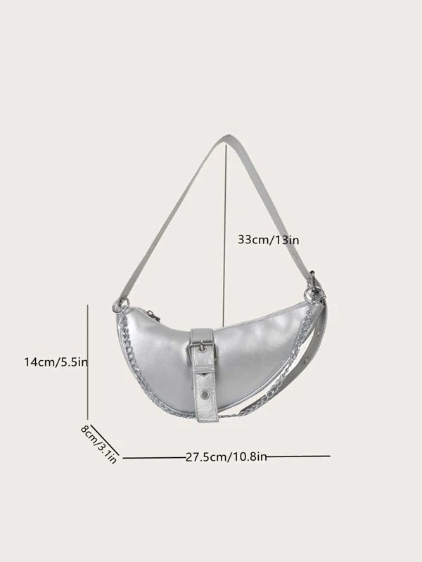 Metallic Buckle & Chain Decor Saddle Bag