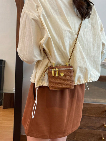 Mini Women Rhombus Embroidery Bucket Tote Shoulder Bag