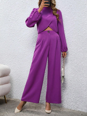 Mock Neck Lantern Sleeve Crop Top & Wide Leg Pants