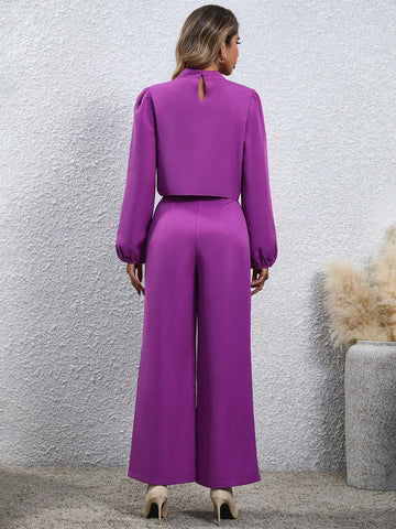 Mock Neck Lantern Sleeve Crop Top & Wide Leg Pants