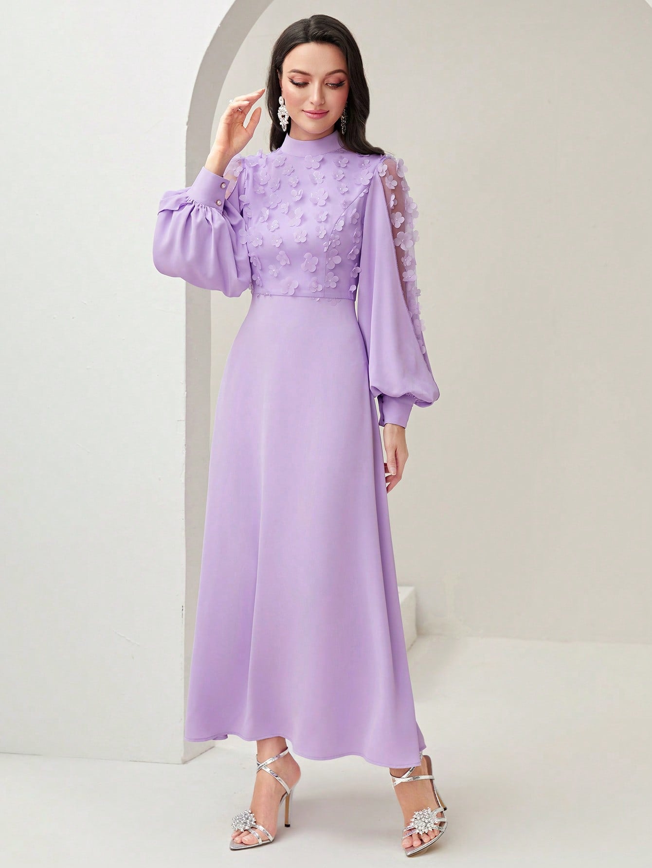 Modely Appliques Mesh Lantern Sleeve Mock Neck Dress Without Belt