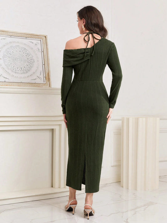 Modely Asymmetrical Neck Tie Back Split Back Bodycon Dress