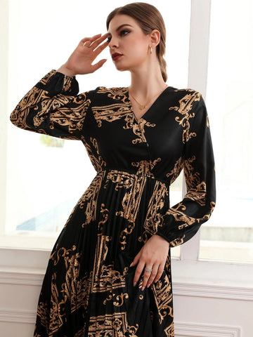 Modely Baroque Scarf Print Lantern Sleeve Pleated Dress