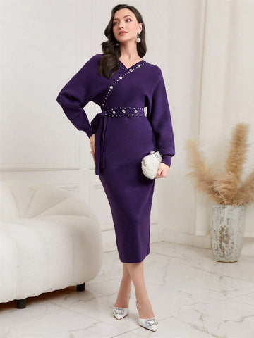 Modely Batwing Sleeve Belted Bodycon Sweater Dress