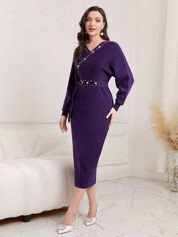 Modely Batwing Sleeve Belted Bodycon Sweater Dress