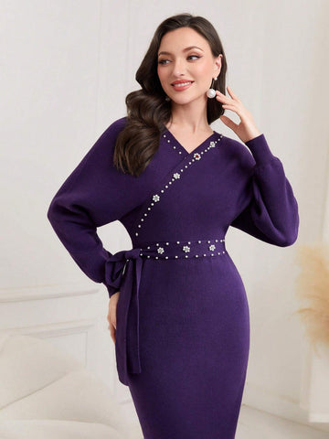 Modely Batwing Sleeve Belted Bodycon Sweater Dress