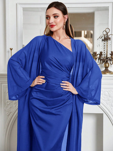 Modely Batwing Sleeve Coat & One Shoulder Ruched Dress