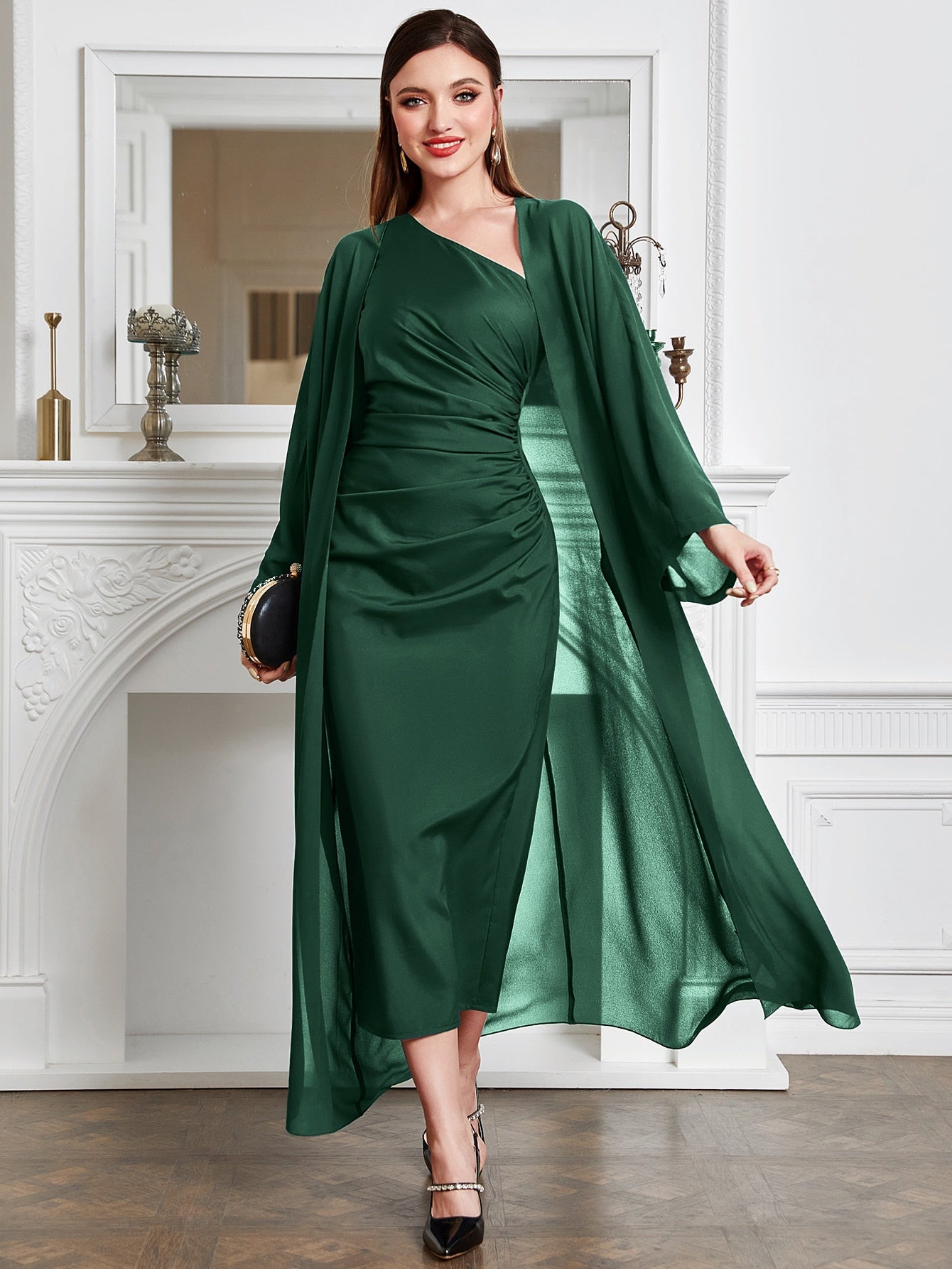 Modely Batwing Sleeve Coat & One Shoulder Ruched Dress