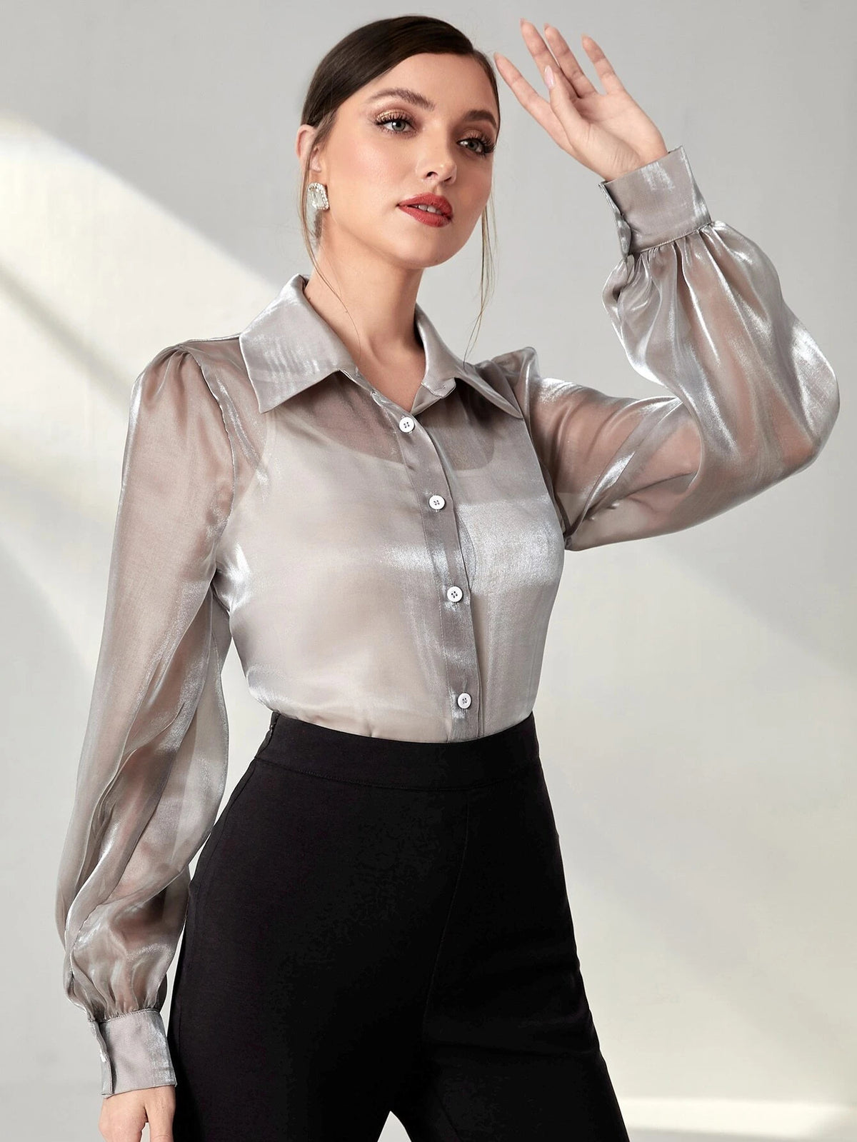 Modely Bishop Sleeve Sheer Metallic Shirt Without Camisole