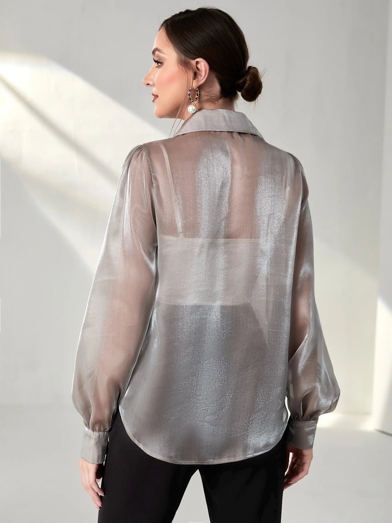 Modely Bishop Sleeve Sheer Metallic Shirt Without Camisole