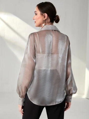 Modely Bishop Sleeve Sheer Metallic Shirt Without Camisole