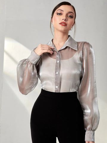 Modely Bishop Sleeve Sheer Metallic Shirt Without Camisole