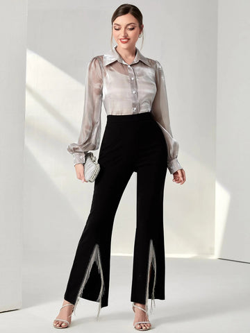 Modely Bishop Sleeve Sheer Metallic Shirt Without Camisole