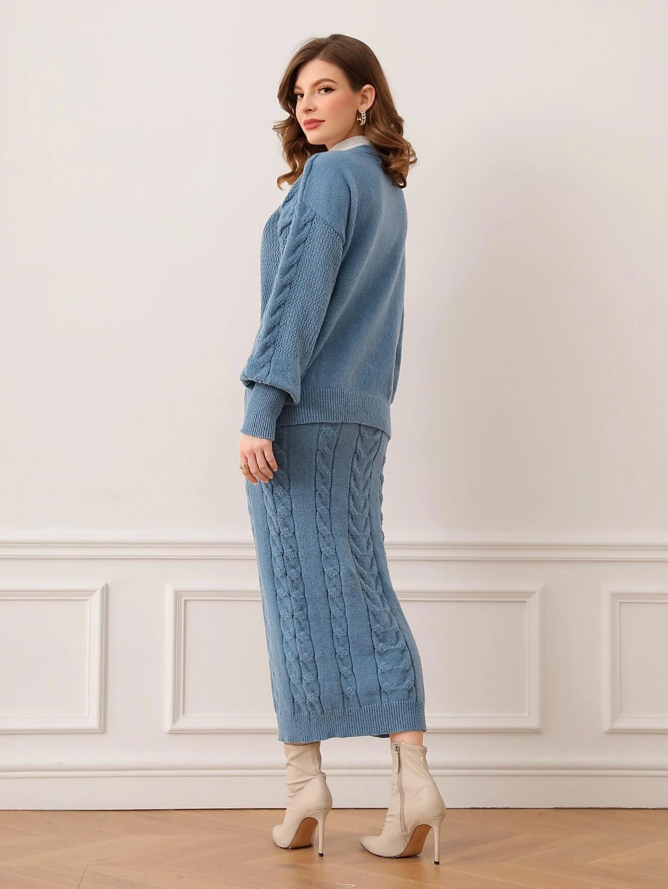 Modely Cable Knit Lantern Sleeve Cardigan & Knit Skirt