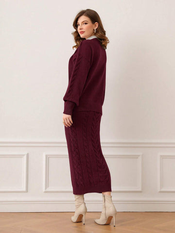 Modely Cable Knit Lantern Sleeve Cardigan & Knit Skirt