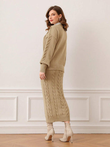 Modely Cable Knit Lantern Sleeve Cardigan & Knit Skirt