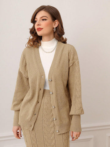 Modely Cable Knit Lantern Sleeve Cardigan & Knit Skirt